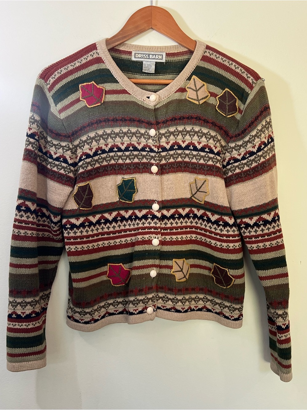 VTG 90’s Dressbarn Fall Leaf Cardigan Sweater M Fair Isle Patchwork Cottagecore